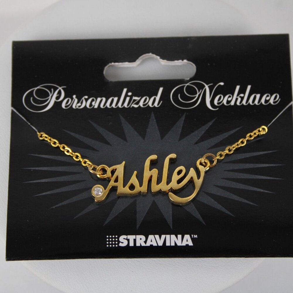 ASHLEY Name Goldtone Rhinestone Accent 14.5" w 4.5" Multi Ring Ext Necklace